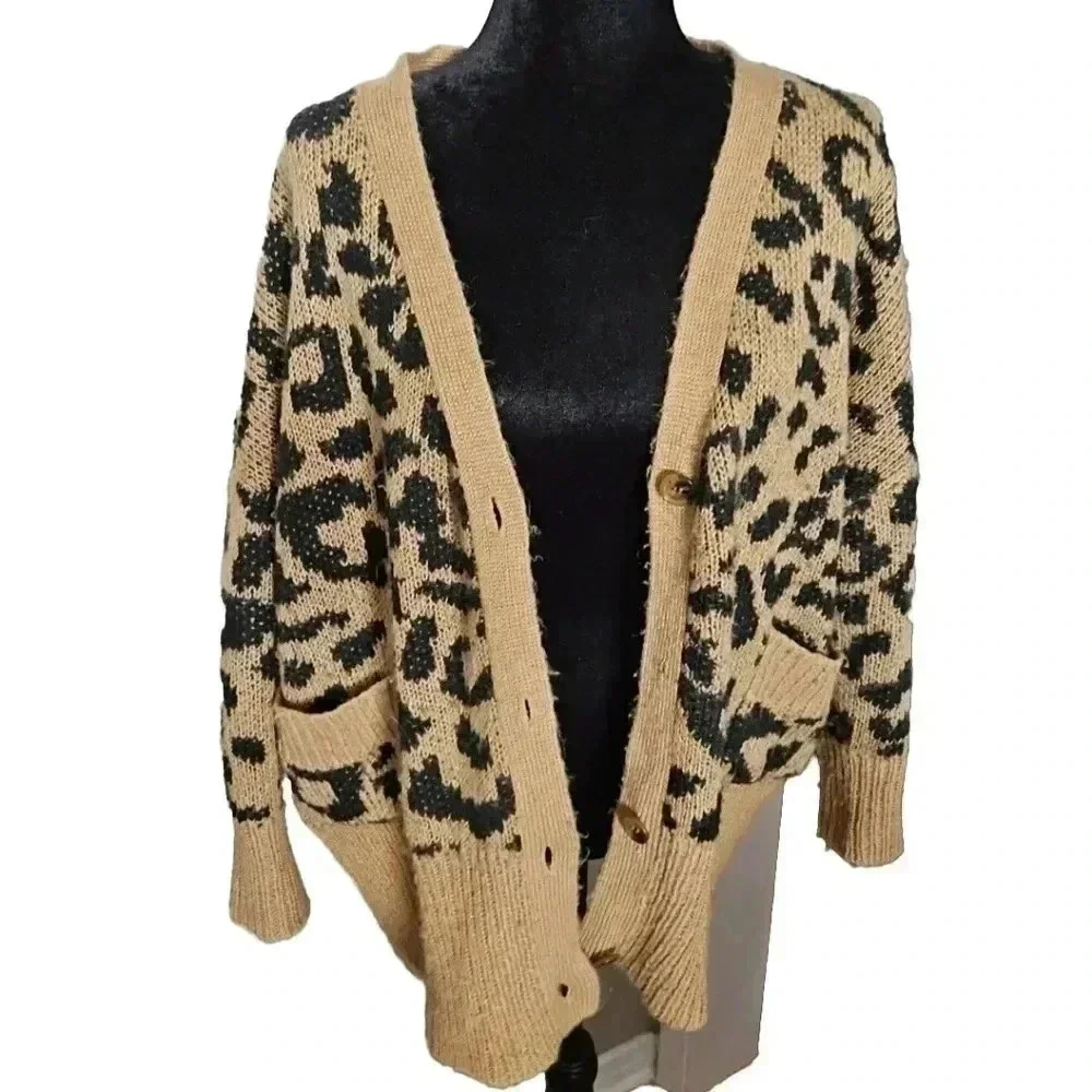 Wildfox Womens Tan Roar Tilly Leopard Print Slouchy Soft Cardigan Sweater S